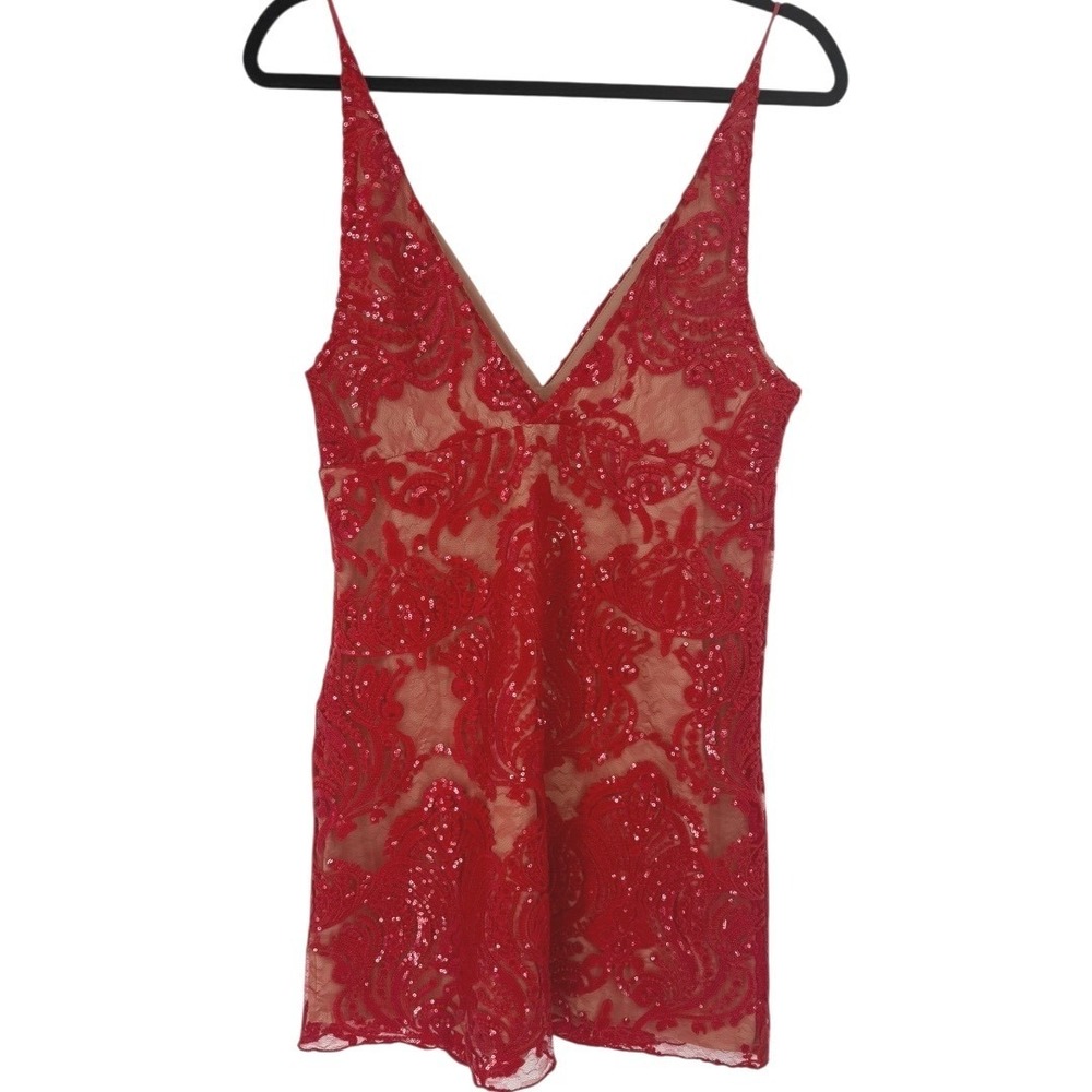 NWT Free People Night Shimmers Mini Dress Red Lace Sequin V Neck Size 10 Glam - Picture 6 of 16